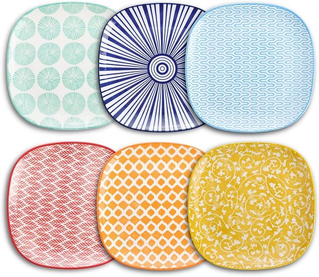 Porcelain Square Dessert Salad Pasta Plates 7.6 inches ceramic plates set of 6 microwave/dishwasher/oven safe, Assorted Colors