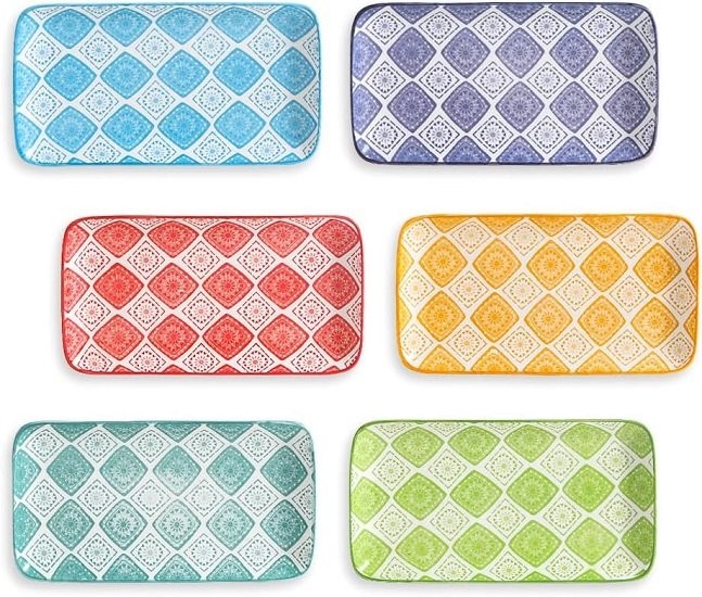 Appetizer Plate Set Dessert Plate - Small Rectangular Serving Plate for Sushi | Snacks | - Colorful Ceramic Dinnerware Set of 6 - Microwave and Dishwasher Safe - 8 Inch